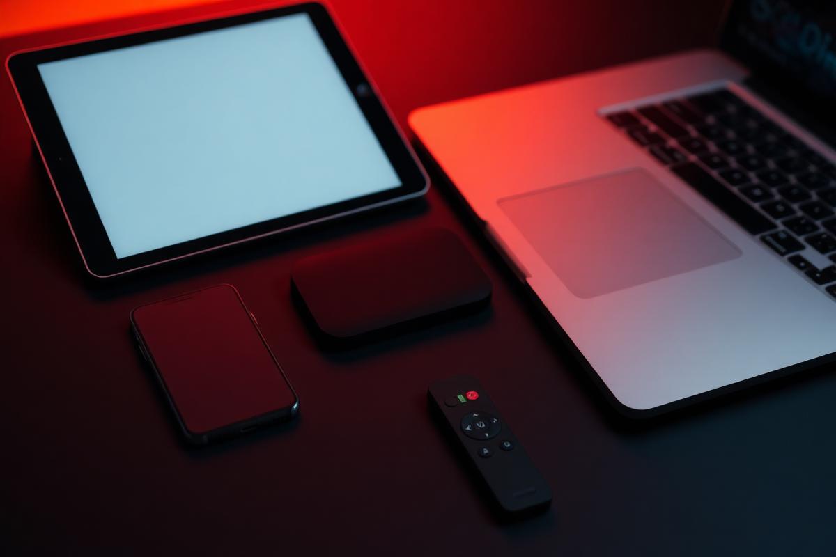 Tablet, phone, laptop, streaming box and remote on a dark desk