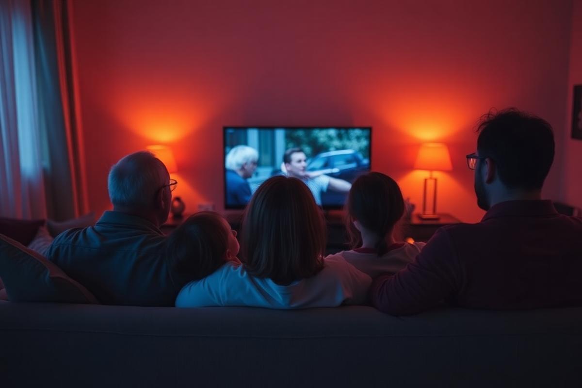 A family watching television together in a dimly lit living room